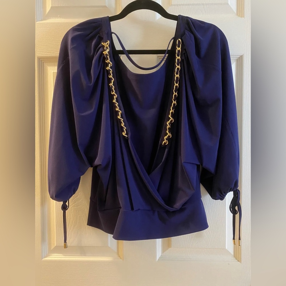 Victoria’s Secret Moda International Backless Top Blouse Blue Gold Chain NWOT L